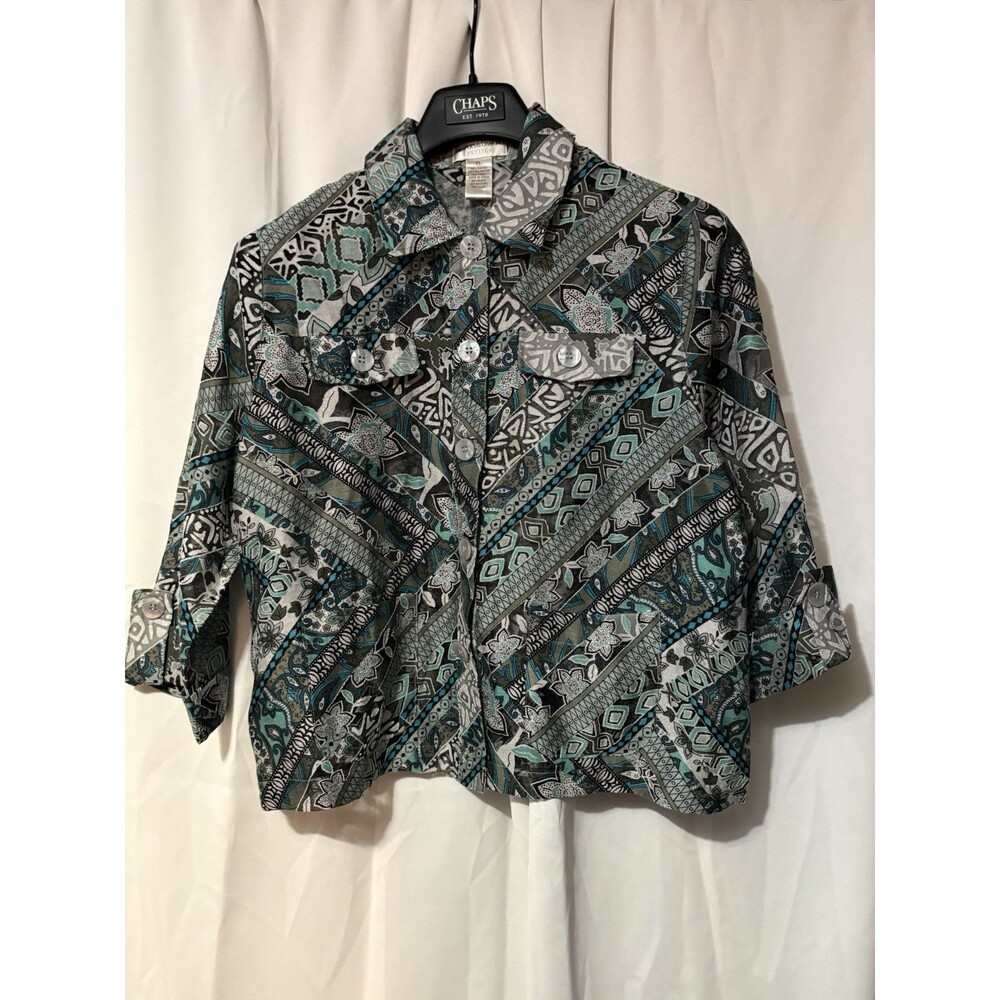 Draper's & Damon's Petites PL Geometric Collared 3/4 Sleeve Woven Button-Up